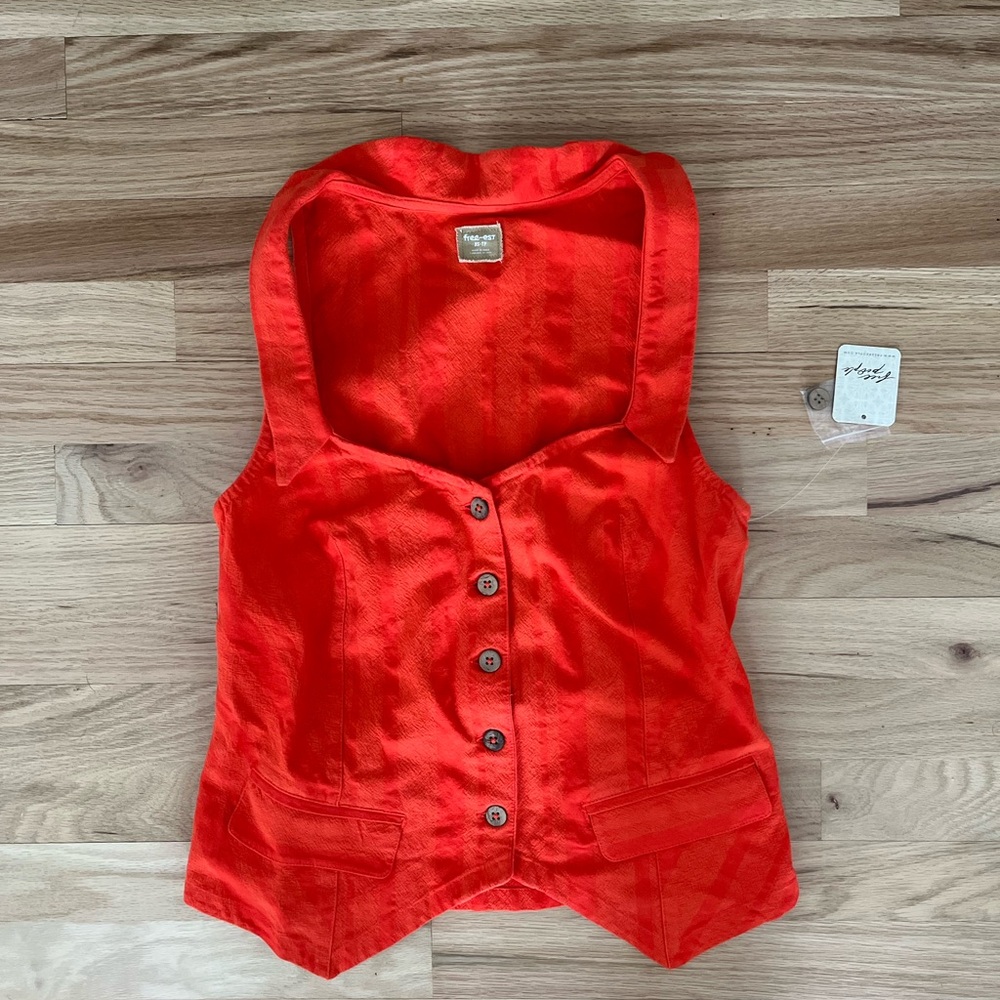 Free People NWT Vest with v-neckline, button-front closure in bright orange, XS